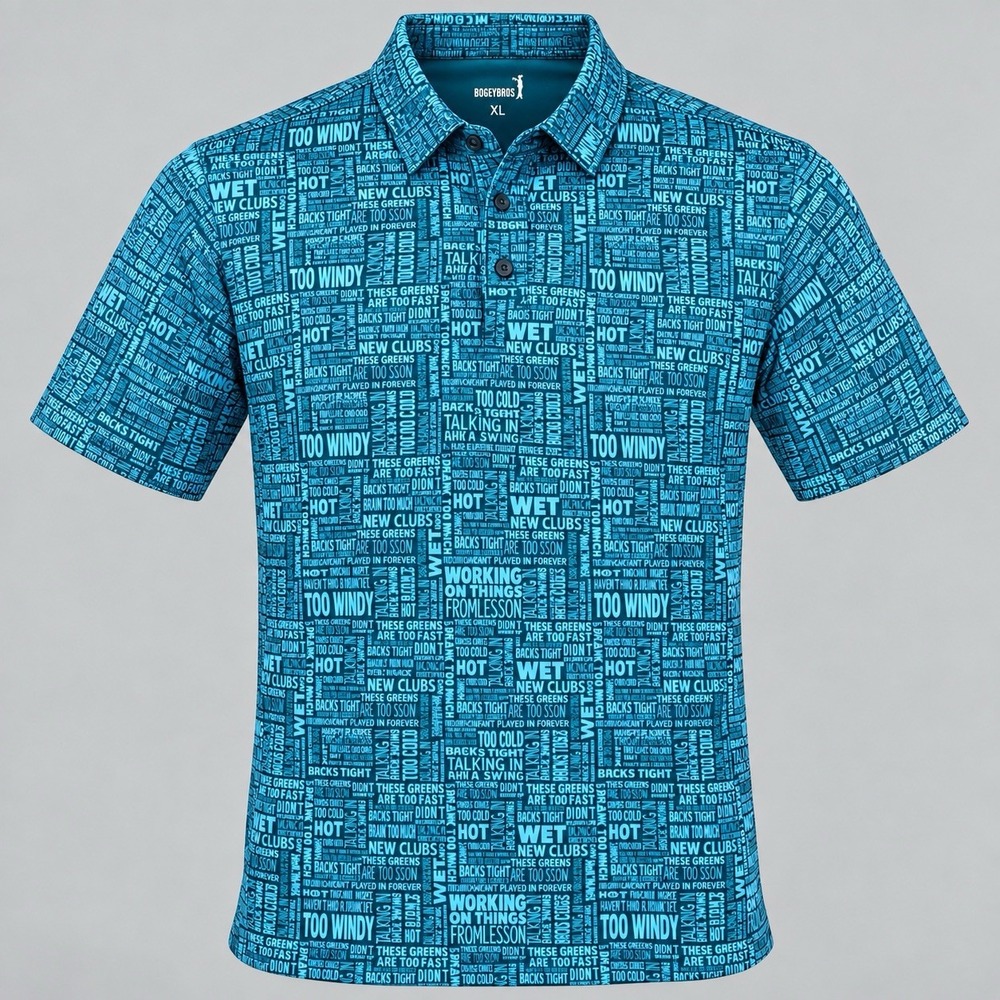 BogeyBros Golf Polo Shirt Short Sleeve Men's Size XL Blue "Excuses" AOP NWT